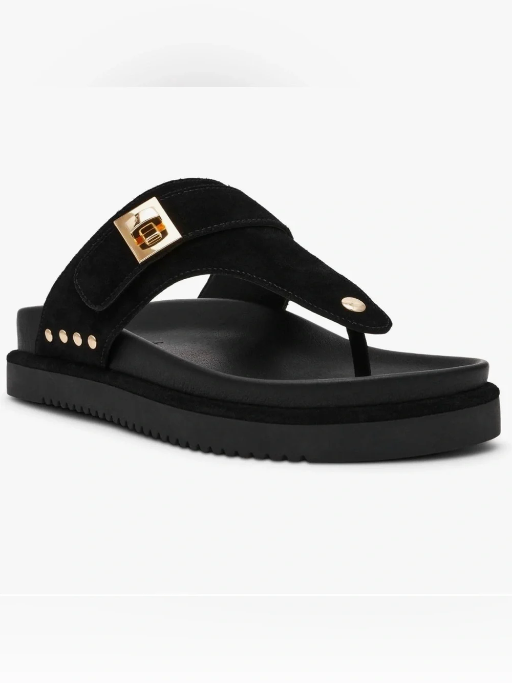 New Steve Madden Black Suede Toe-Post Sandals with Gold Hardware - Picture 2 of 10